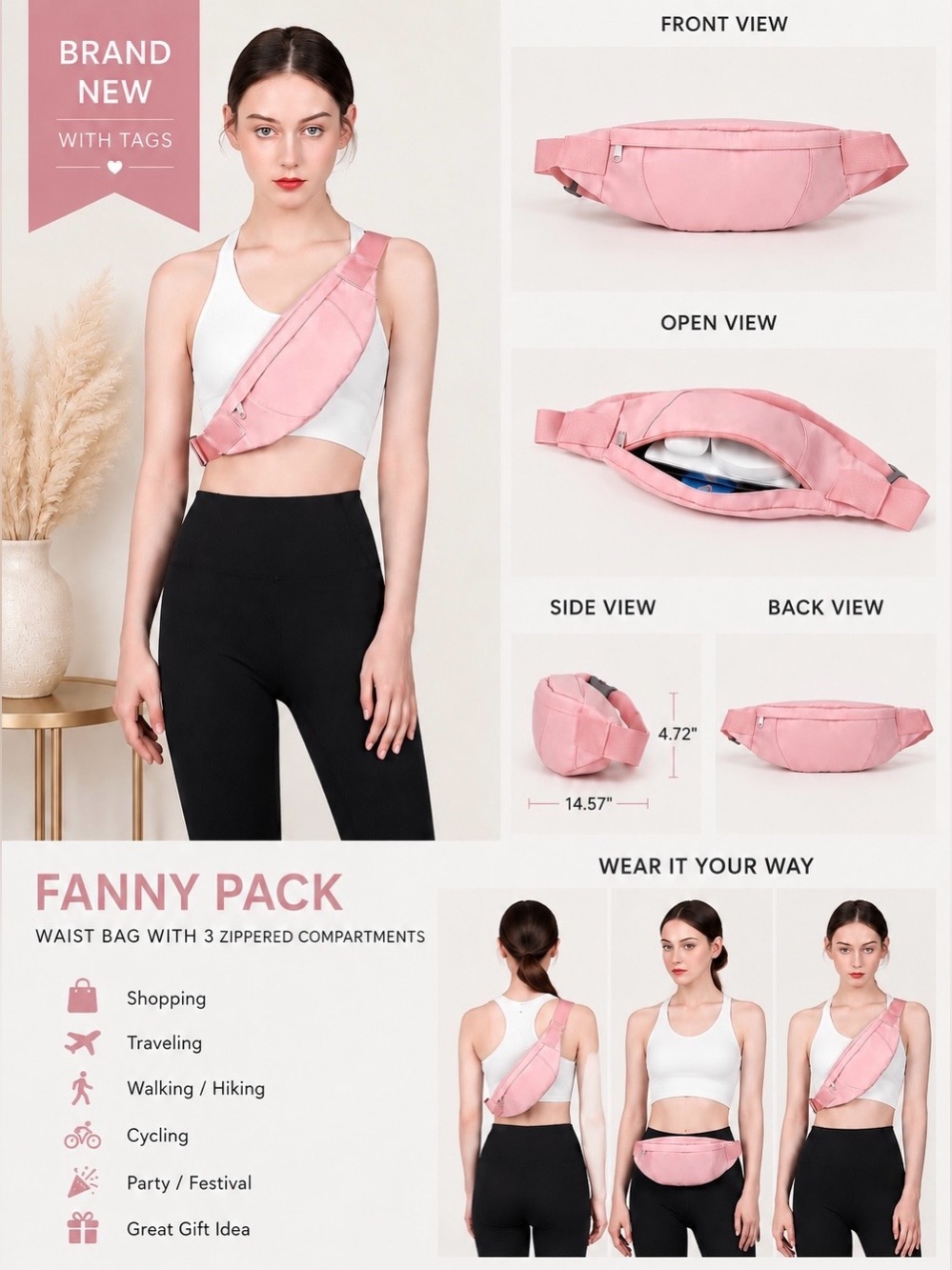 NWT - Blush Pink Belt Bag Fanny Pack | Adjustable Crossbody Waist Bag | Brand Ne